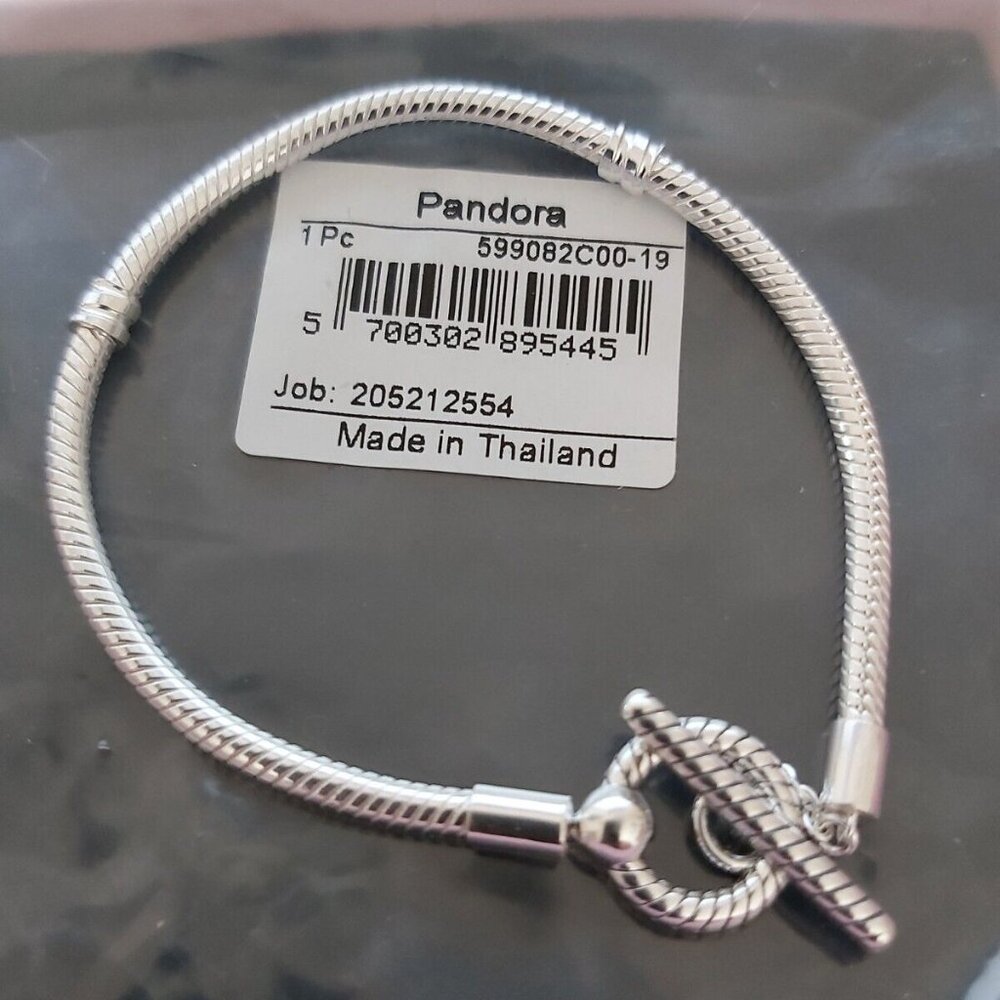 Auth Pandora Sterling Silver Moments T-Bar Snake Chain Bracelet 599082C00-19
